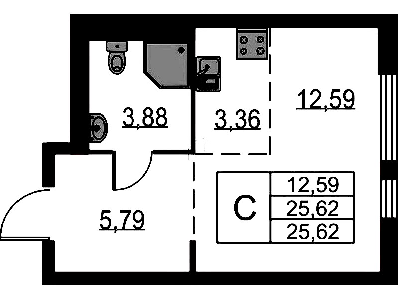 Квартира студия 25.62 м², 11/15 эт., ЖК «Невская Долина»
